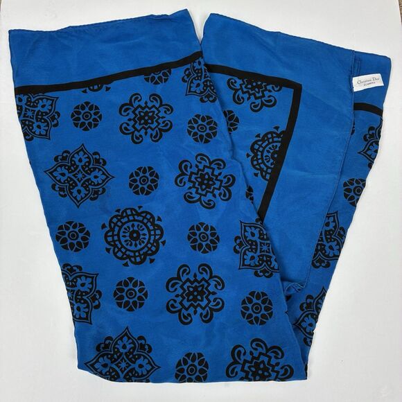 Christian Dior Vintage Silk Scarf 35"x35" Blue Black Mediterranean Print - Picture 1 of 6